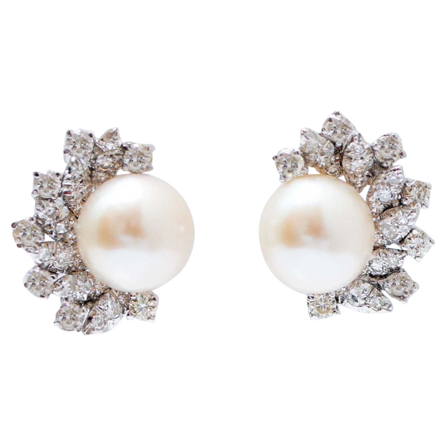 11 Mm White Pearls, Diamonds, 18 Karat White Gold Earrings.