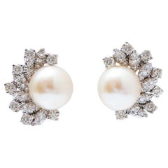 11 Mm White Pearls, Diamonds, 18 Karat White Gold Earrings.