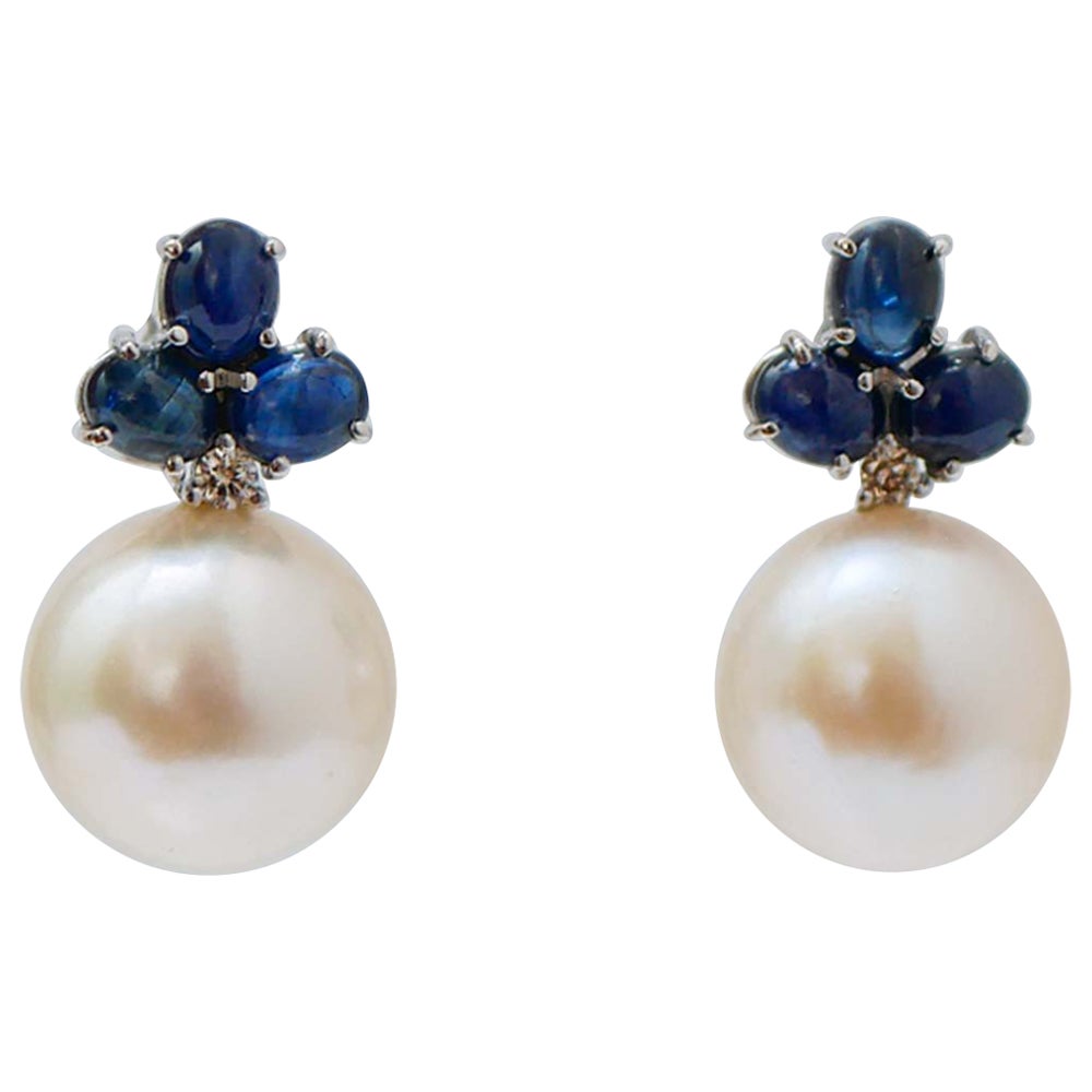 14 Mm Pearls, Sapphires, Diamonds, 14 Karat White Gold Earrings.