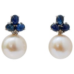 14 Mm Pearls, Sapphires, Diamonds, 14 Karat White Gold Earrings.