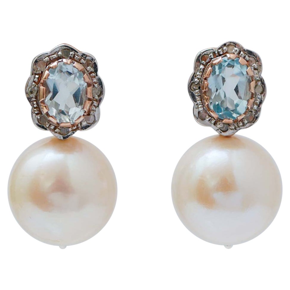 Aquamarine Colour Topaz, Diamonds, Pearls, Rose Gold and Silver Earrings. For Sale