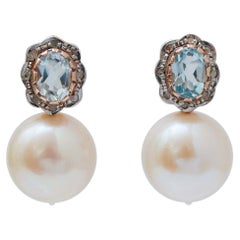 Boucles d'oreilles en or rose, topaze de couleur aigue-marine, diamants, perles