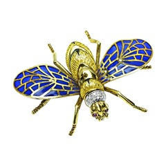 Vintage Diamond Enamel Gold Plique-a-jour Bee Pin