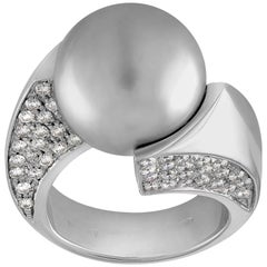 Huge 3.50 Carats 15MM Grey South Sea Pearl Diamond Gold Ring