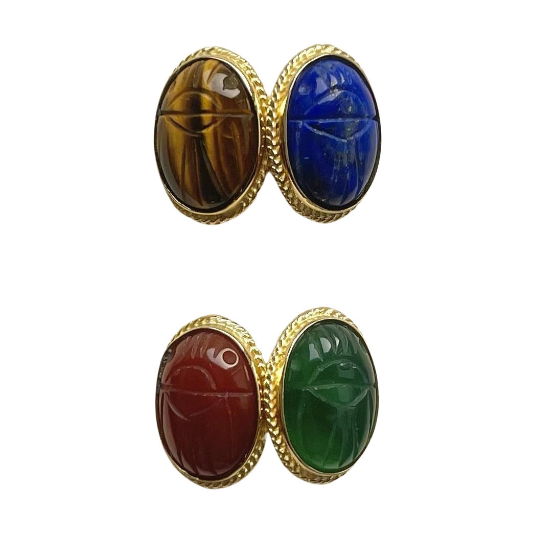 18 Karat Yellow Gold Lapis Lazuli Carnelian Green Agate  Beetles Cufflinks