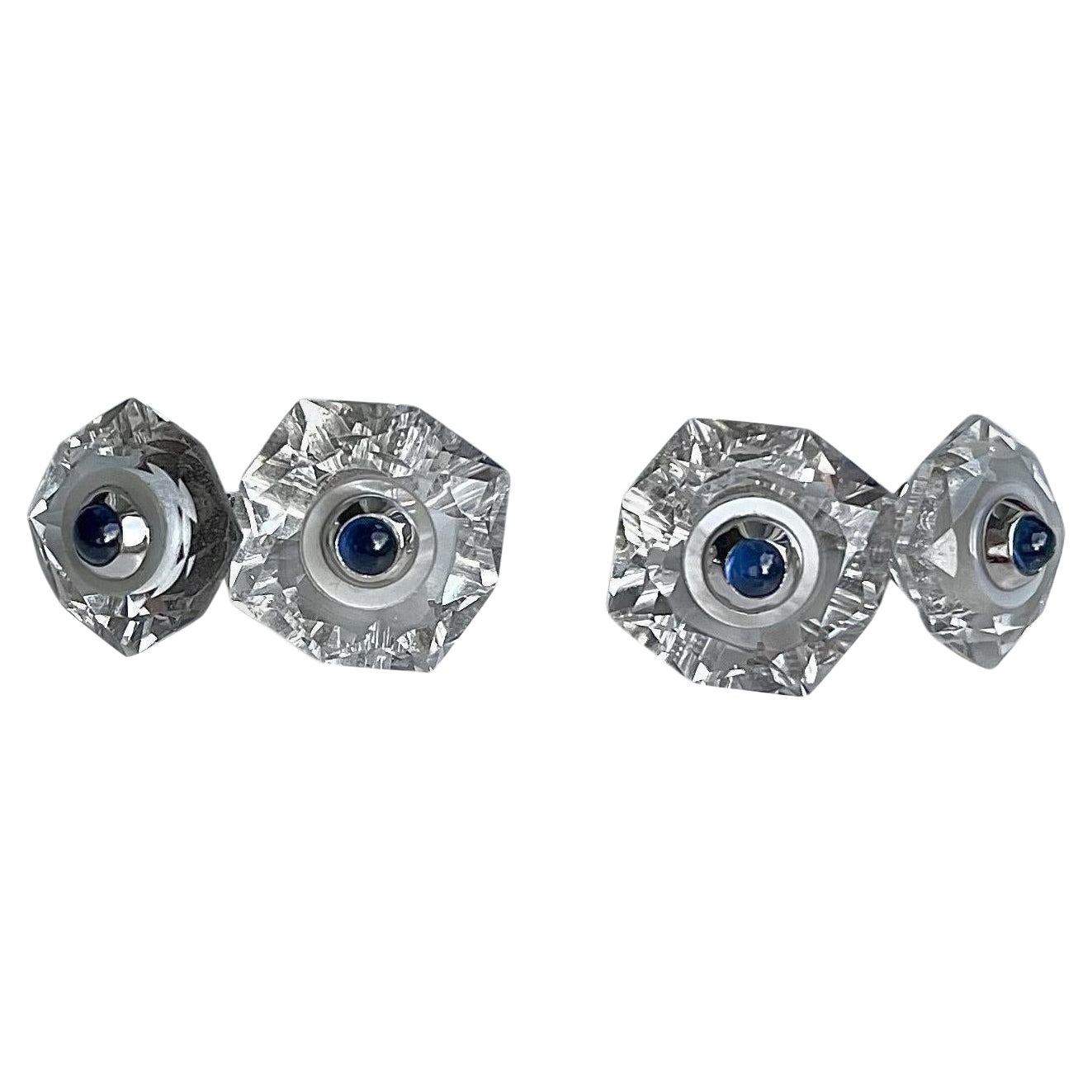 18 Karat White Gold Rock Crystal Mother of Pearl Blue Sapphires Cufflinks