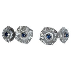 18 Karat White Gold Rock Crystal Mother of Pearl Blue Sapphires Cufflinks