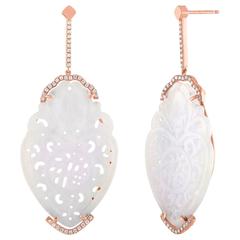 Natural Violet Lavender Carved Jade Rose Gold and Diamond Earrings 7