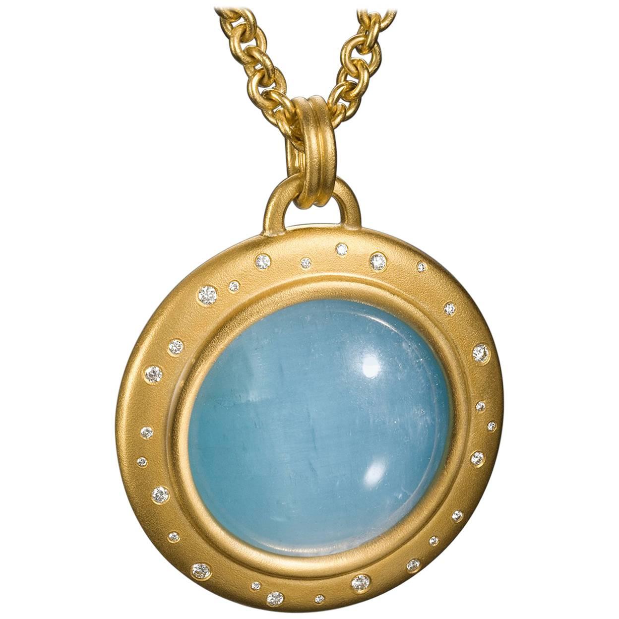 Large Cabochon Aquamarine Diamonds Gold Necklace For Sale