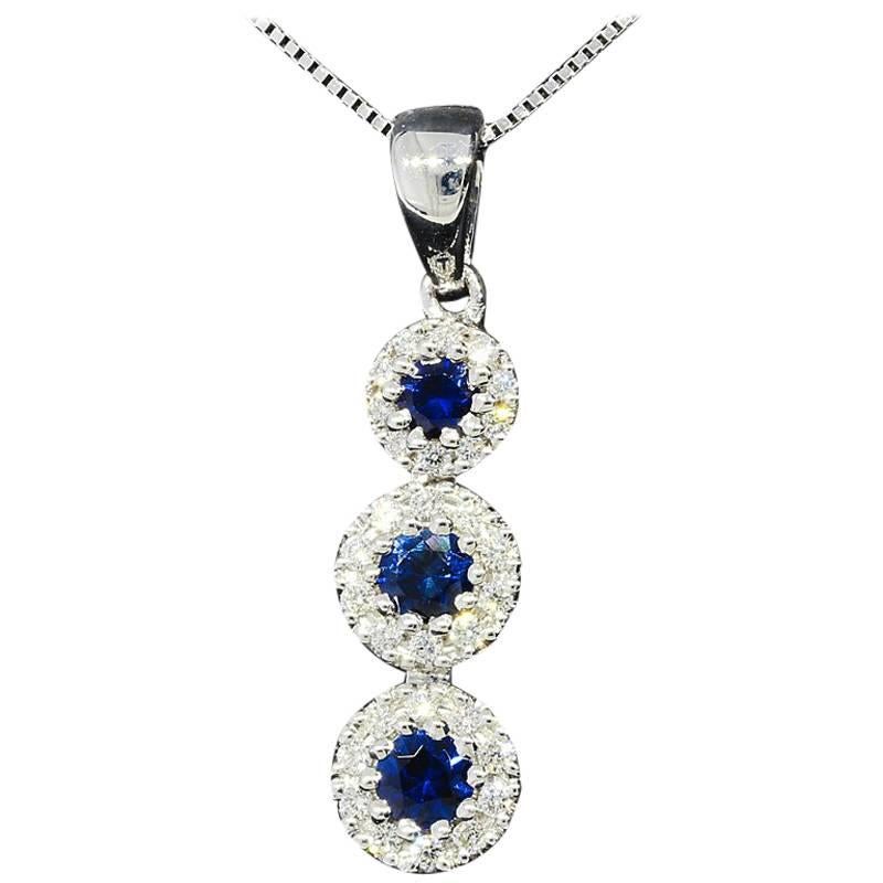 White Gold Sapphire and Diamond Three Stone Halo Pendant Necklace