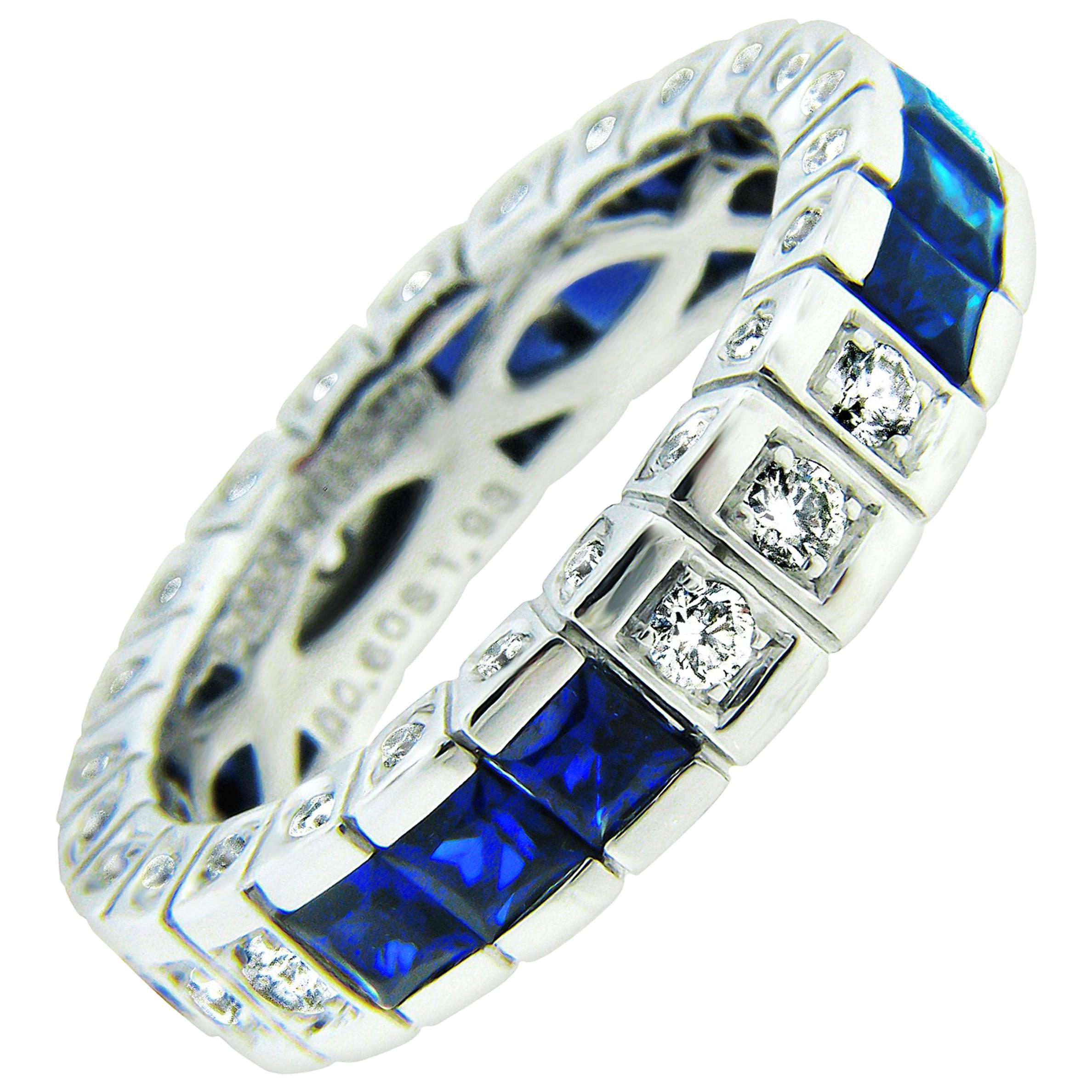 1.93 Carat Square-Cut Sapphire Diamond Platinum Eternity Band Ring By Danuta For Sale