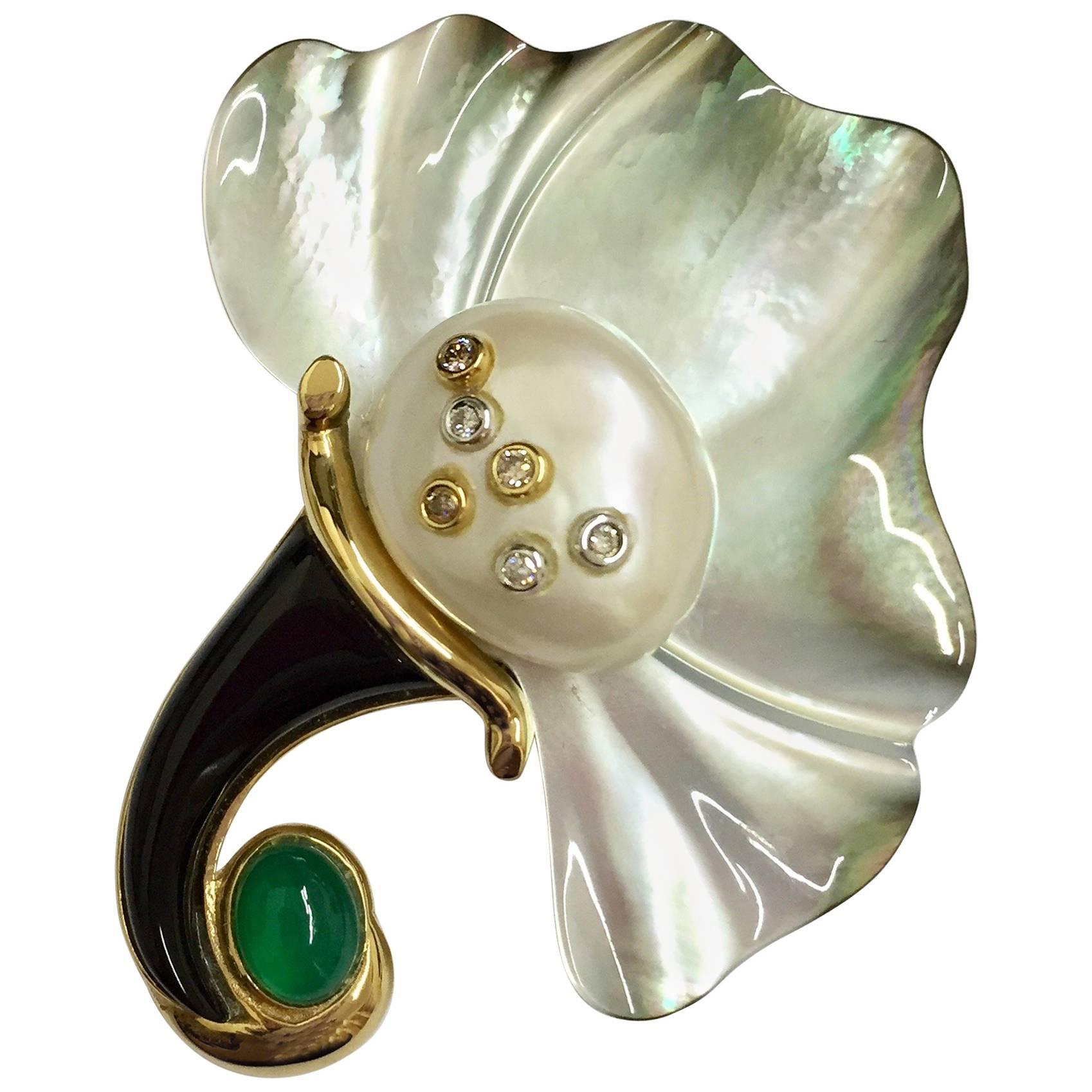 Freshwater Pearl Black and Green Agate Diamond Gold Mother-of-Pearl Brooch For Sale