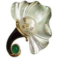 Freshwater Pearl Black and Green Agate Diamond Gold Mother-of-Pearl Brooch