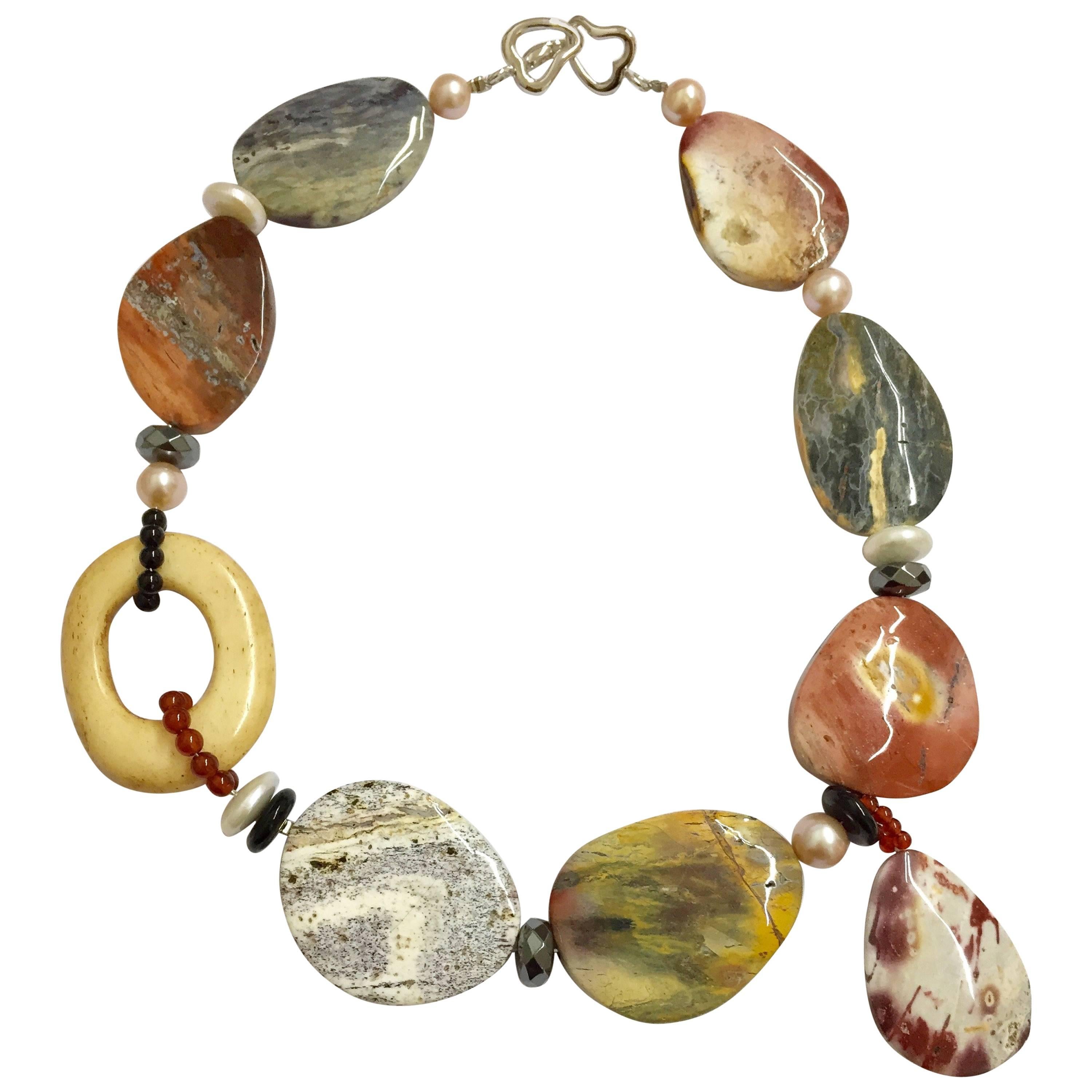 Poppy Jasper Hematite Bone Red and Black Agate Freshwater Pearl Necklace For Sale