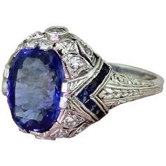 Art Deco 5.07 Carat Natural Ceylon Sapphire Platinum Solitaire Ring