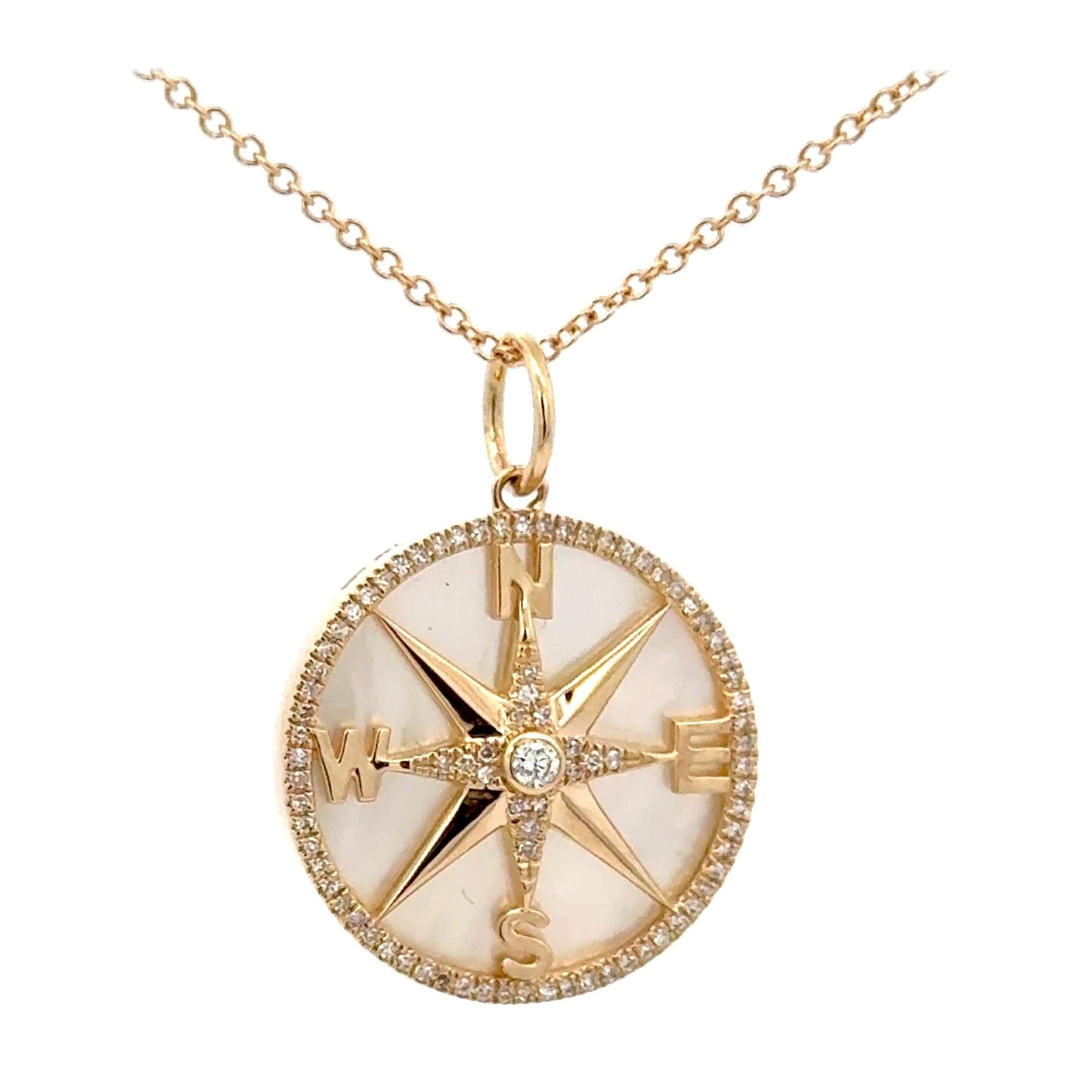 Mother of Pearl Diamond Compass Charm Pendant 0.19 Carats 14 Karat Yellow Gold