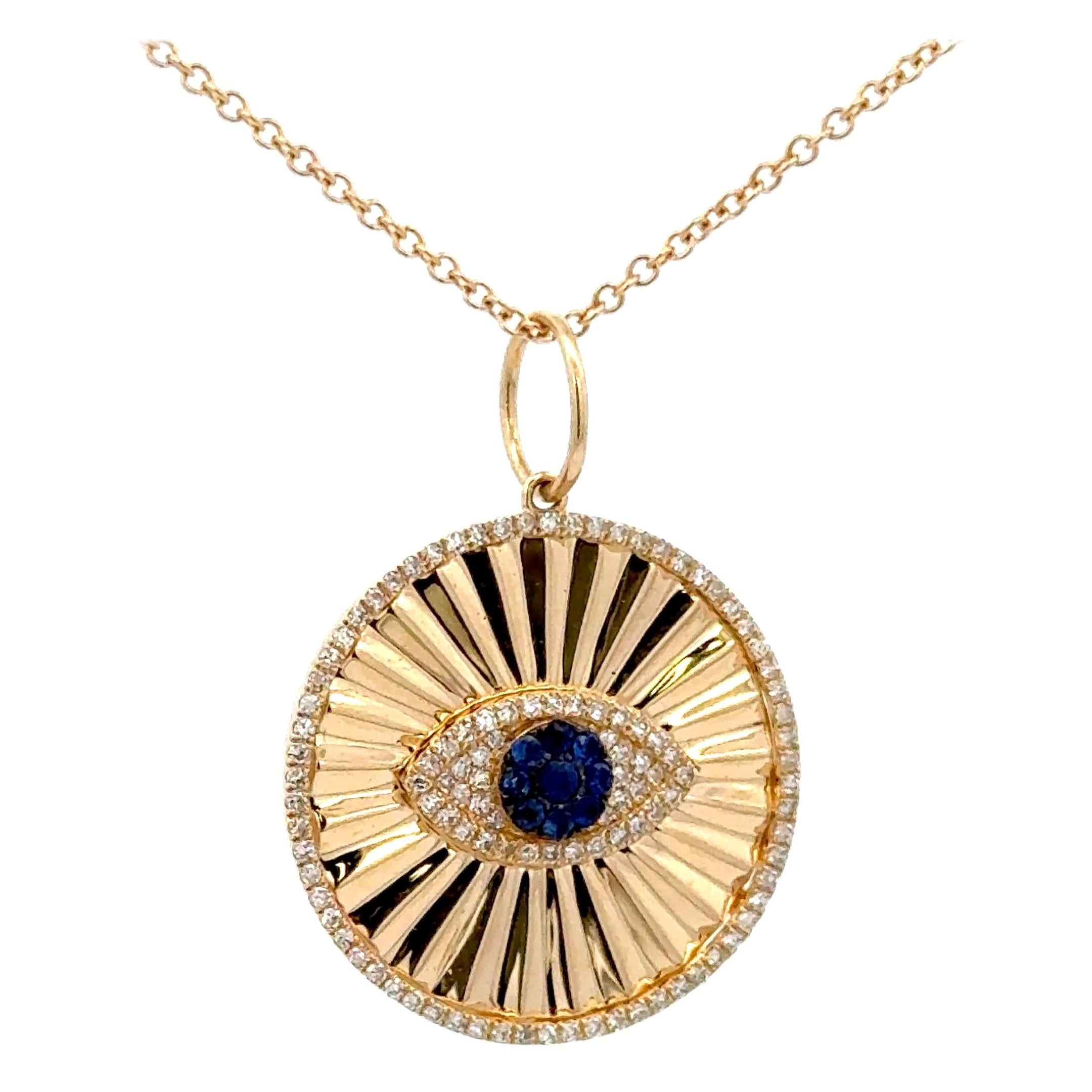 Diamond Sapphire Evil Eye Fluted Ray Charm Pendant 0.42 Carats 14KT Yellow Gold