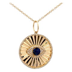 Diamond Sapphire Evil Eye Fluted Ray Charm Pendant 0.42 Carats 14KT Yellow Gold