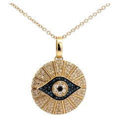 Diamond Sapphire Evil Eye Disc Charm Pendant 0.53 Carats 14 Karat Yellow Gold