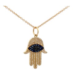 Chamsa Evil Eye Diamond Sapphire Charm Pendant 0.56 Carats 14 Karat Yellow Gold