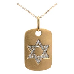Star of David Diamond Dog Tag Matte Finished Charm Pendant 0.18 Carats 14KT Gold