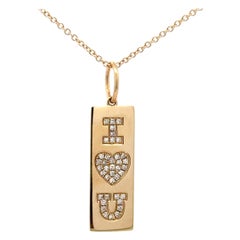 I Love You Diamond Dog Chain Bar Charm Pendant 0.19 Carats 14 Karat Yellow Gold
