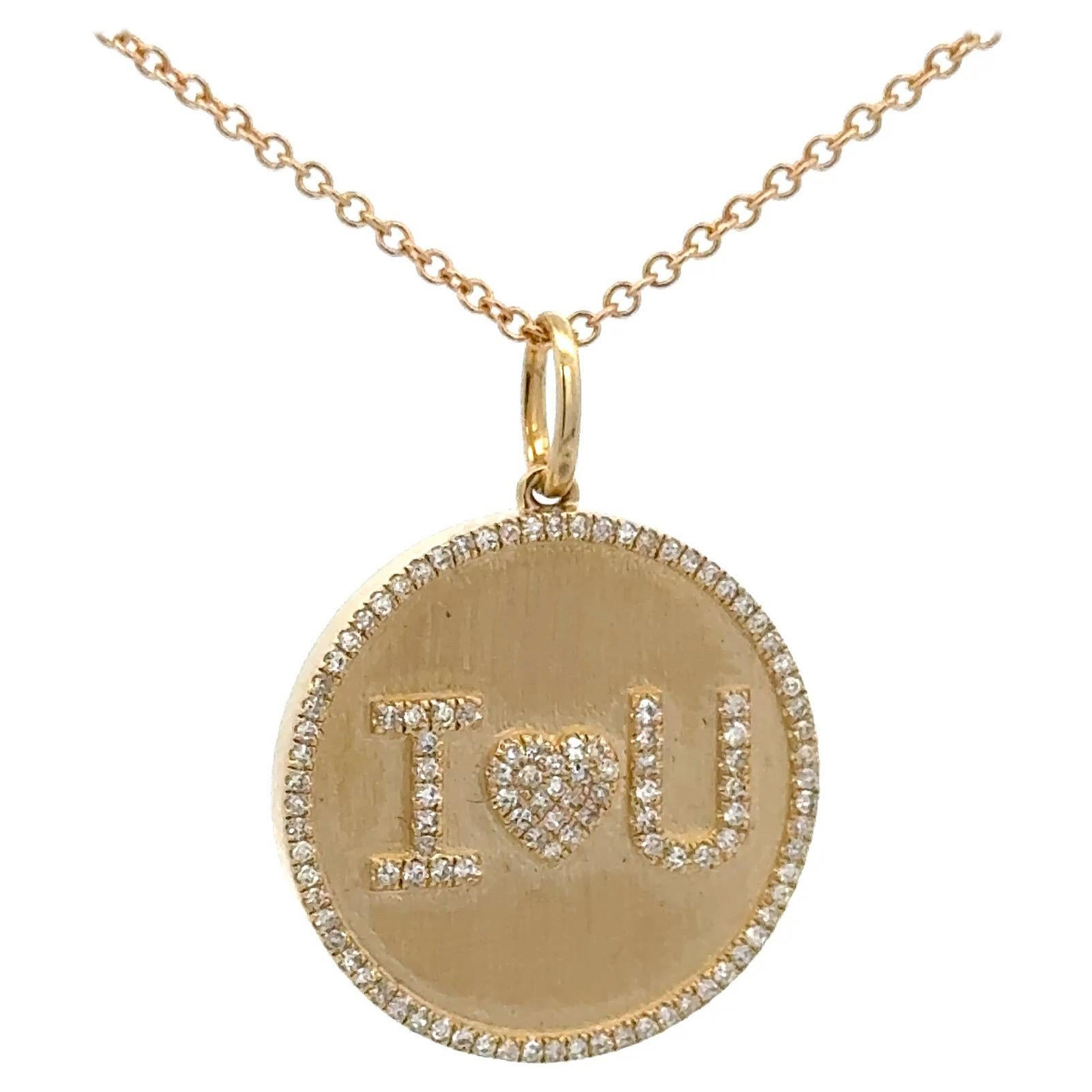 I LOVE YOU Diamond Disc Matte Finish Charm Pendant 0.27 Carats 14KT Yellow Gold