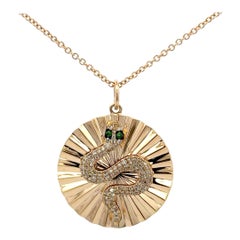 Tsavorite Diamond Snake Fluted Disc Charm Pendant 0.27 Carats 14KT Yellow Gold