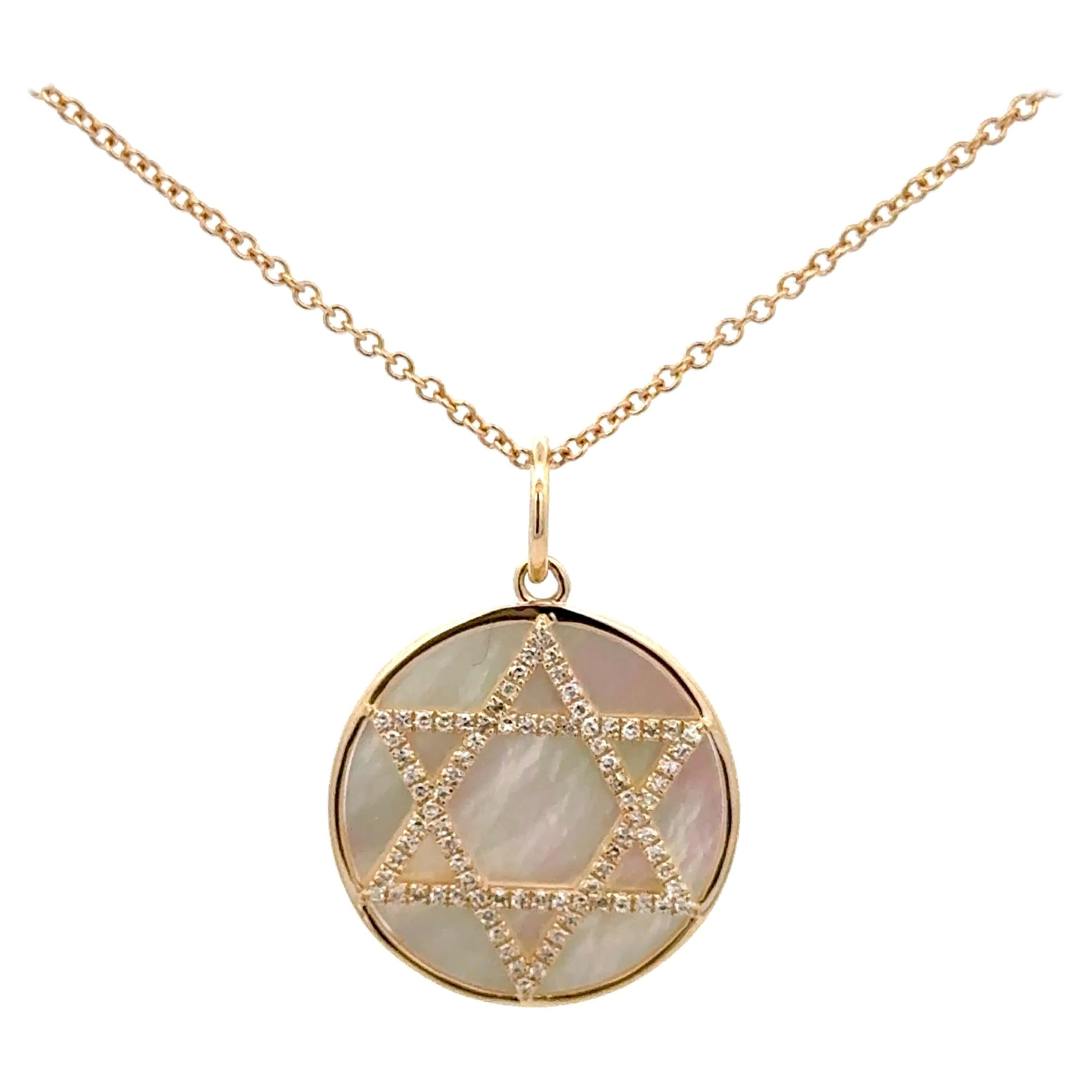 Pendentif breloque étoile de David en or 0,19 carat 14 carats avec nacre et diamants