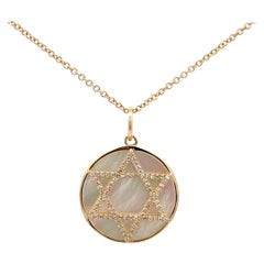 Mother of Pearl Diamond Star of David Gold Bezel Charm Pendant 0.19 Carats 14KT