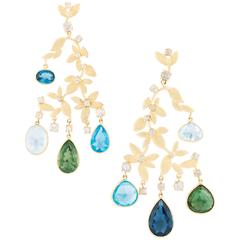 Diamond Green Tourmaline Aquamarine Blue Topaz Chandelier Earrings 4