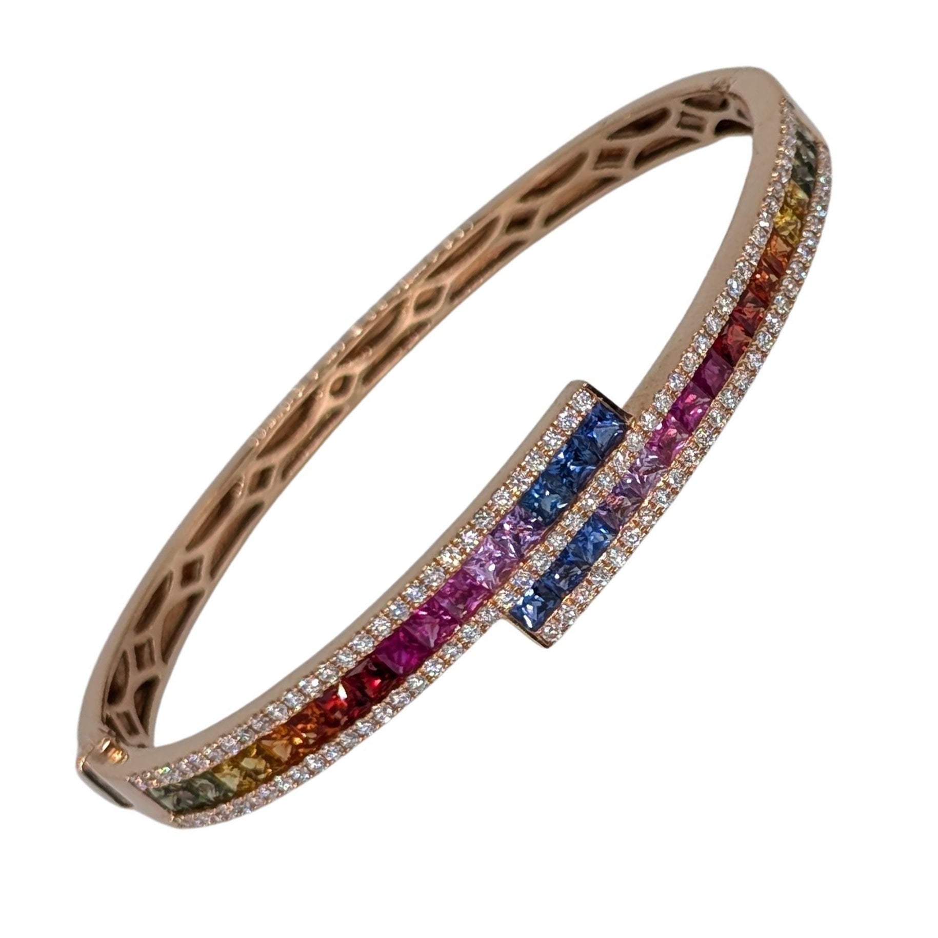 18k Rose Gold Multi-Color Sapphire Bypass Bangle w/Diamonds