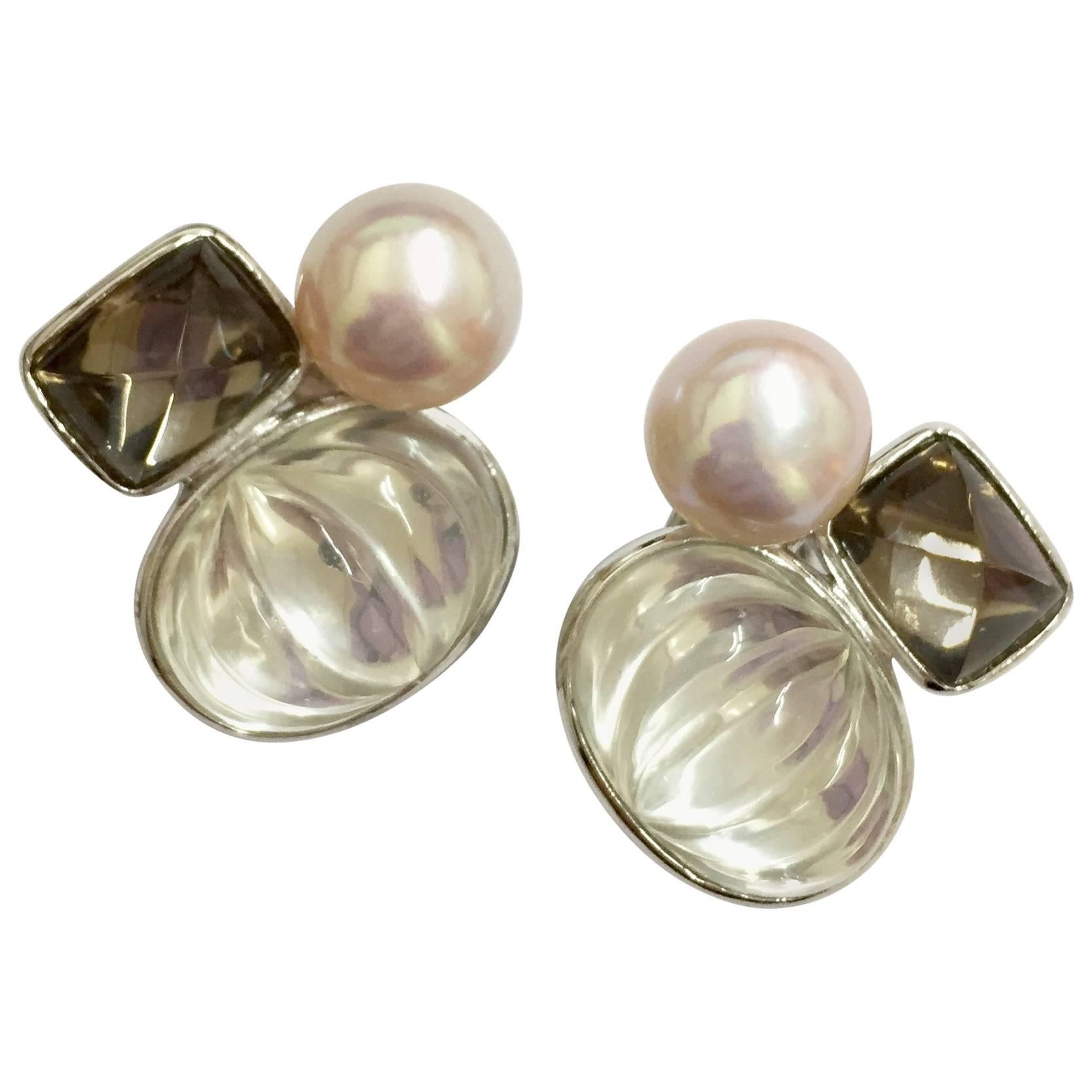 Crystal Smoky Quartz Freshwater Pearl Earrings For Sale