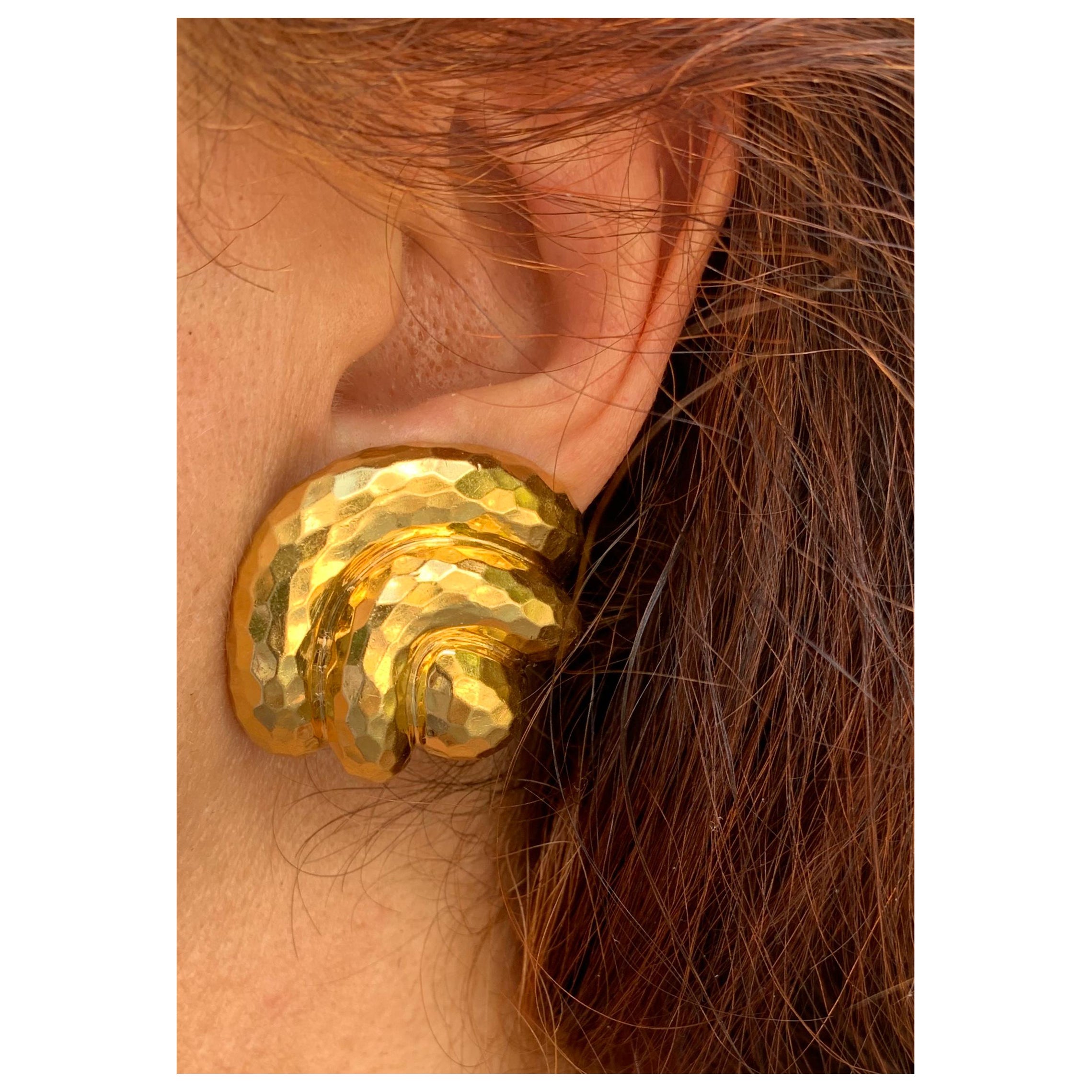 Estate Henry Dunay 18K Hammered Yelllow Gold Substantial Statement Earrings