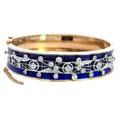1.35CT Diamond Blue Enamel Vintage Bangle Bracelet