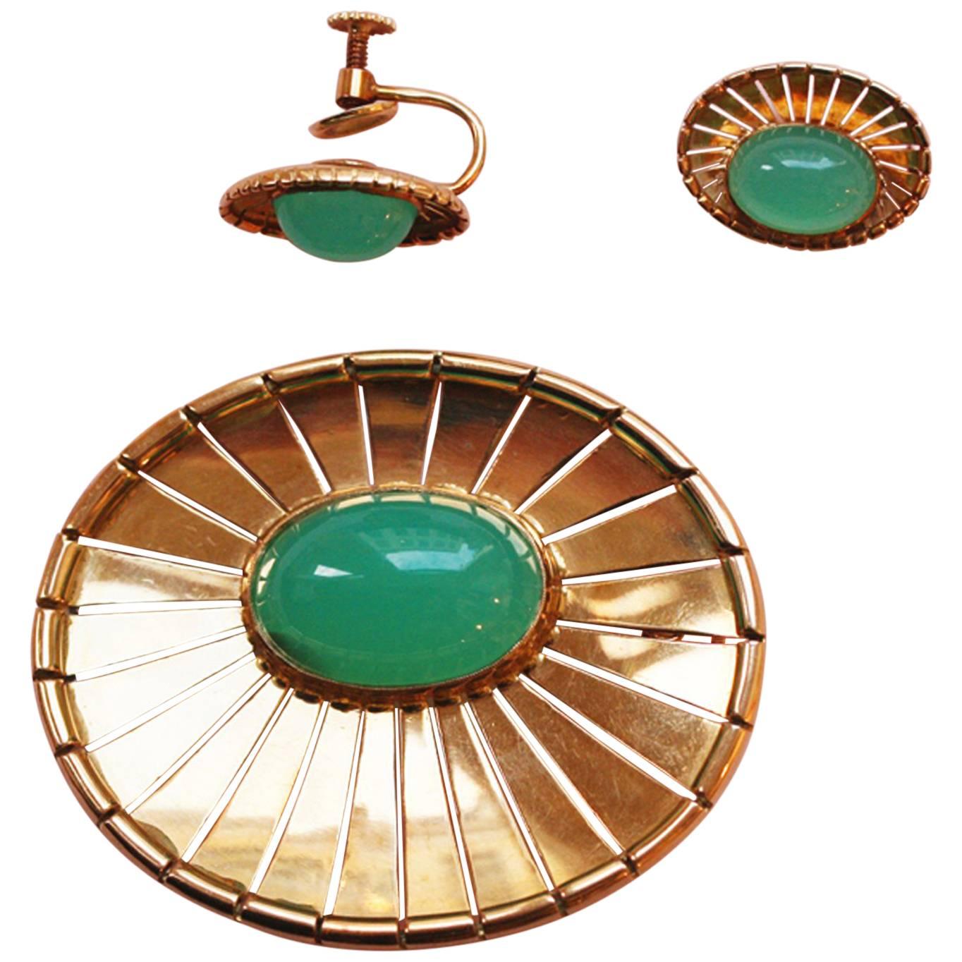 Chrysophrase Gold Earrings and Brooch