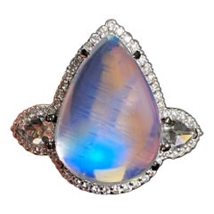 Certified 11.67 Carat Moonstone and Diamond Three Stone Cocktail Engagement Ring