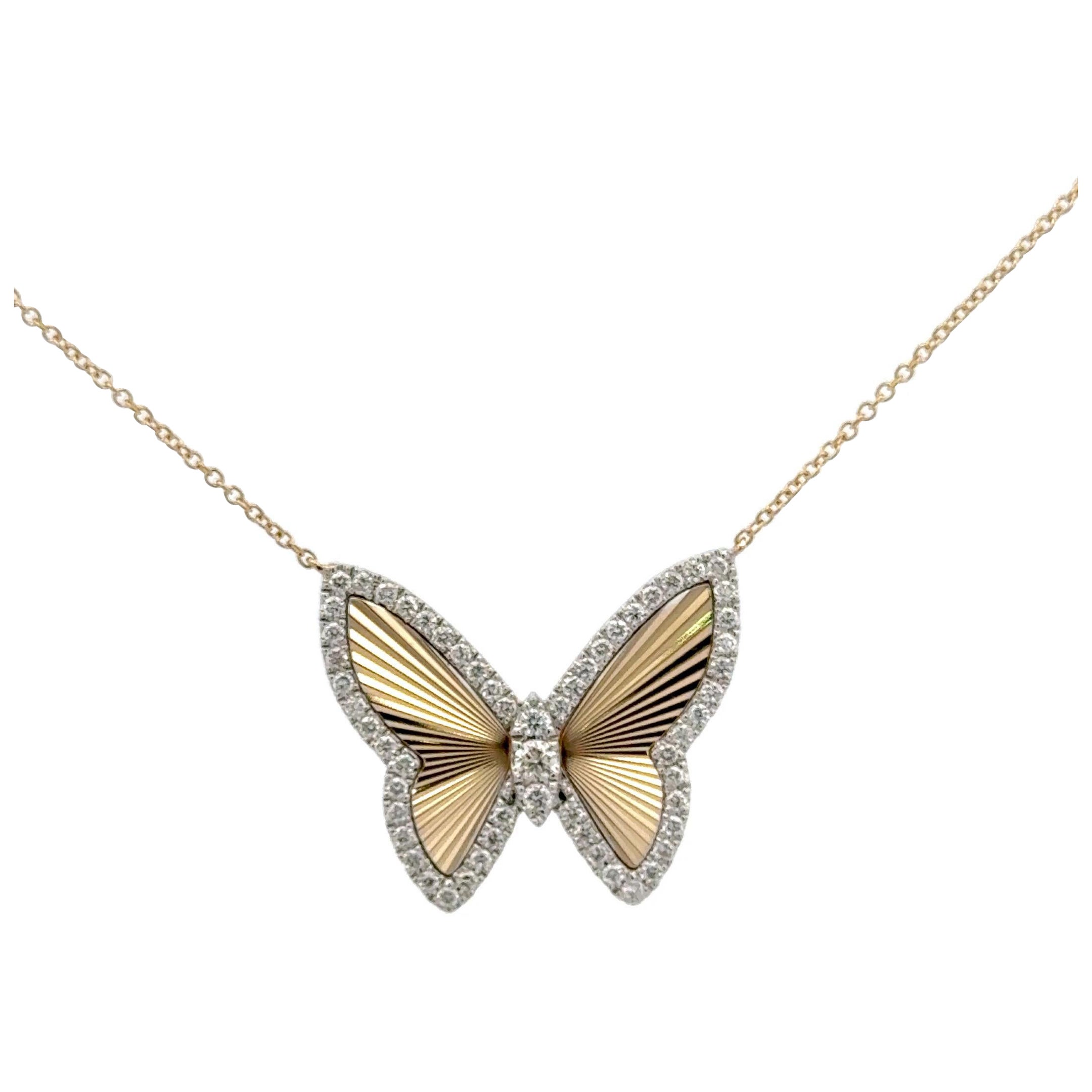 Diamond Fluted Butterfly Pendant Necklace 0.56 Carats 14 Karat Yellow Gold For Sale