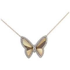 Diamond Fluted Butterfly Pendant Necklace 0.56 Carats 14 Karat Yellow Gold