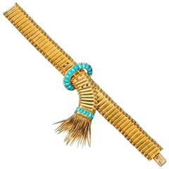 Antique English Victorian Turquoise Gold Buckle and Tassel Bracelet