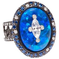 Black Opal Diamond Blue Sapphire Celestial Gold Ring