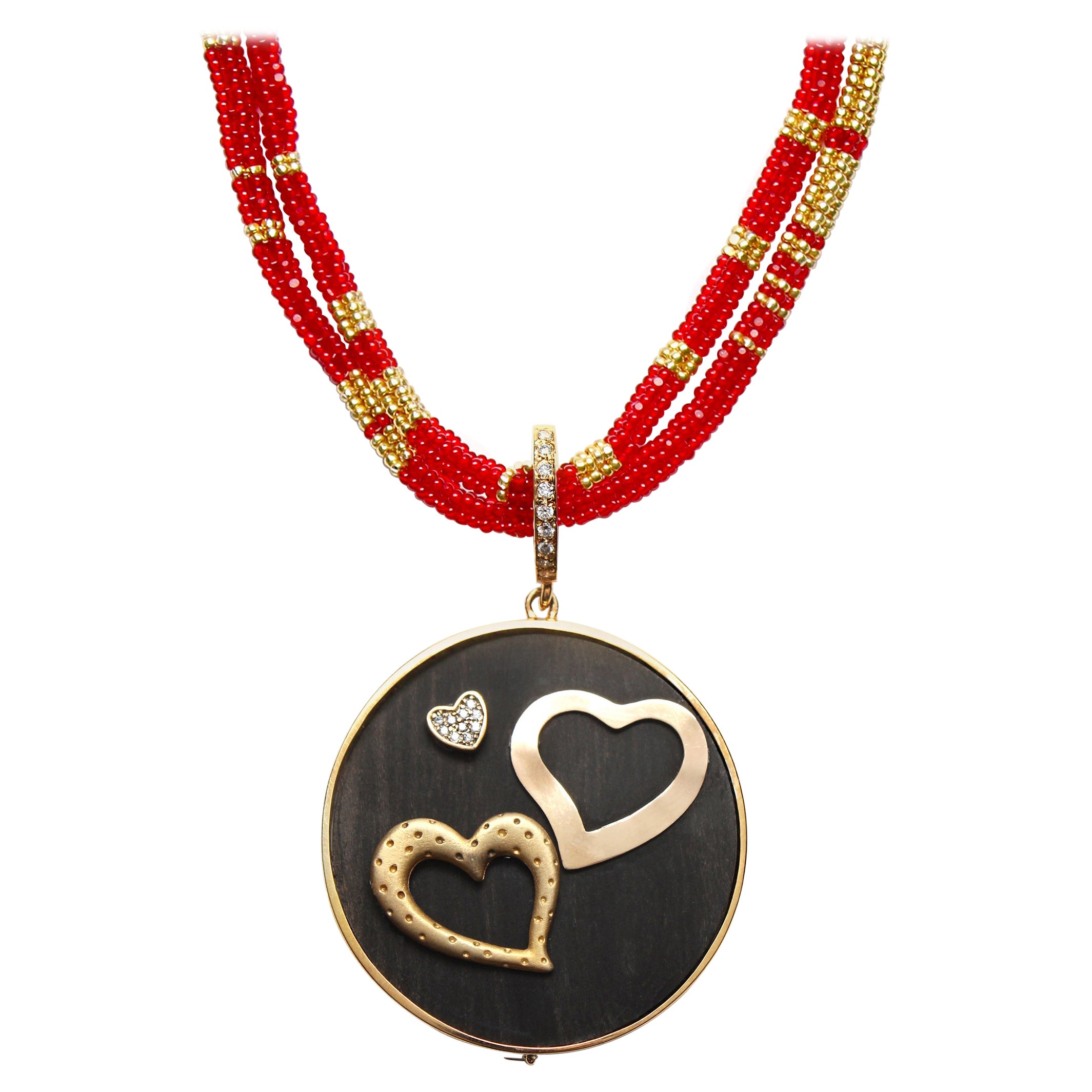 CLARISSA BRONFMAN Two Tone Ebony 3 Heart Pendant & Red Gold "Alonso" Necklace