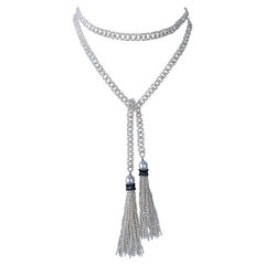 Marina J. Esbelto Sautoir Tejido de Perlas con Borlas de Plata Incrustadas de Diamantes