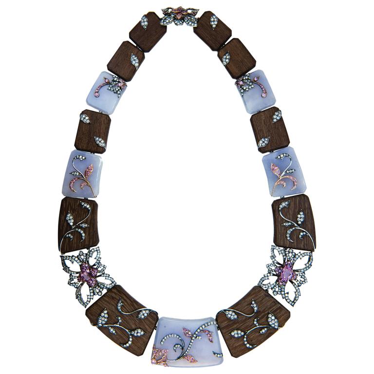 Laura Munder Lavender Jade Amaranth Wood Pink Sapphire and Diamond Necklace For Sale