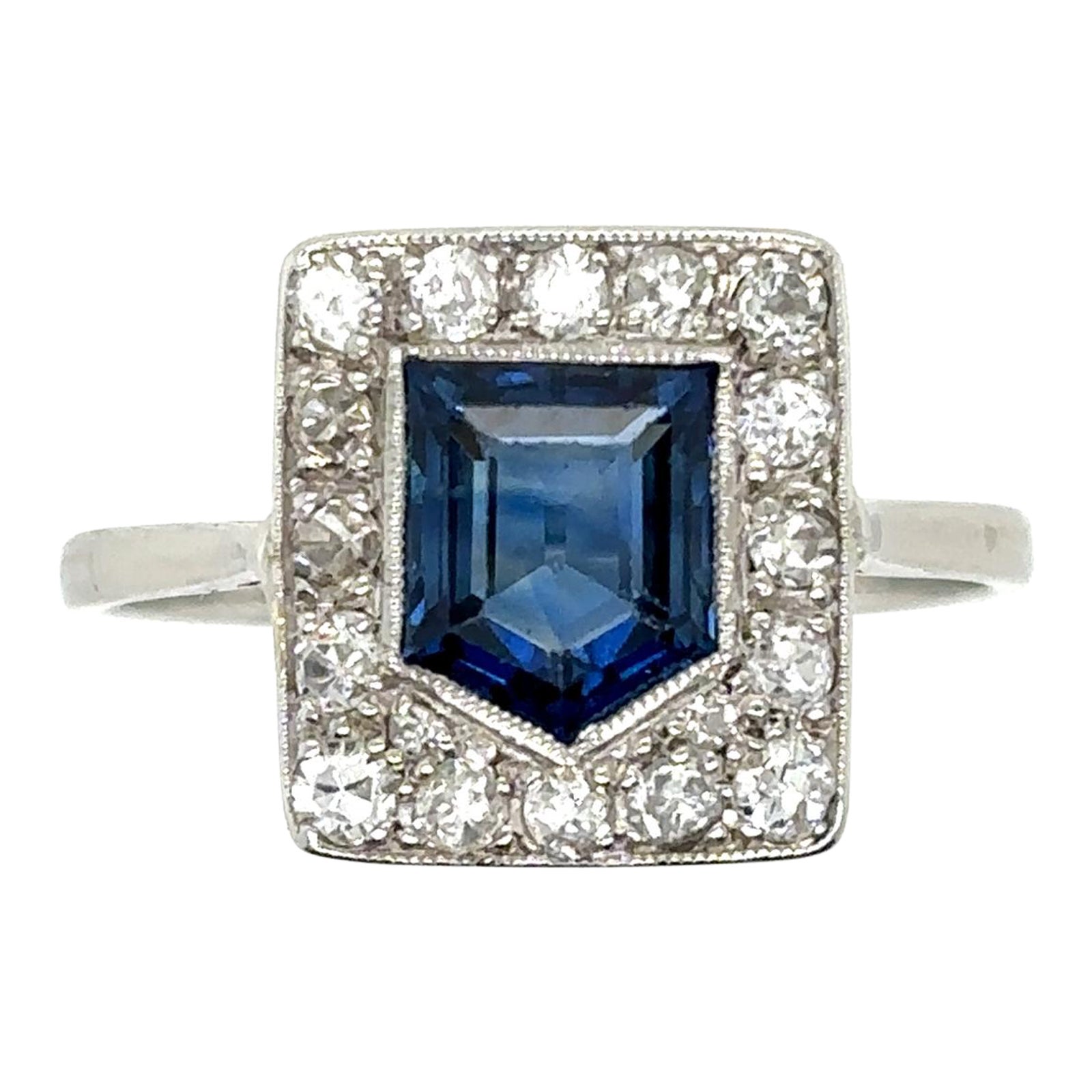 Sapphire and Diamond Cluster Platinum Shield Shaped Ring