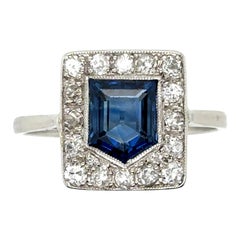 Sapphire and Diamond Cluster Platinum Shield Shaped Ring