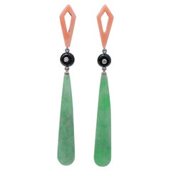 Coral, Jade, Onyx, Diamonds, Platinum Earrings.