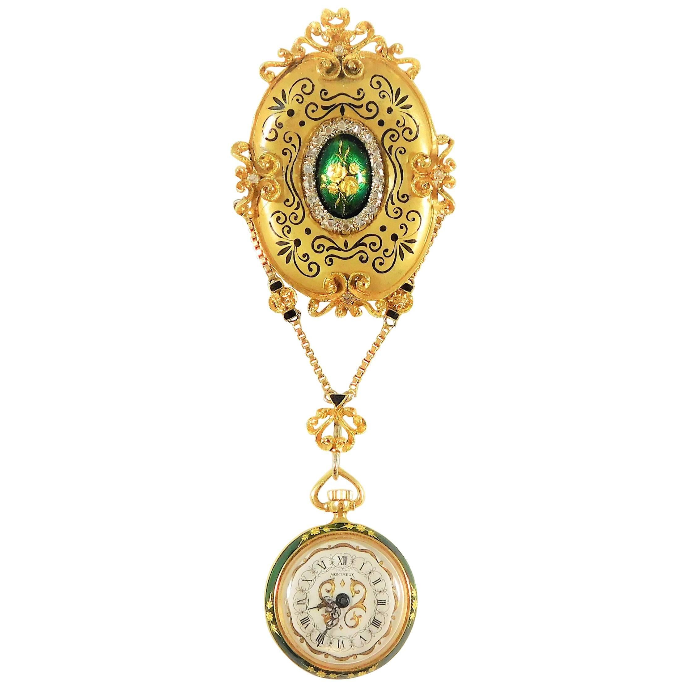Victorian Ladies Yellow Gold Montreux Enamel Brooch Watch For Sale