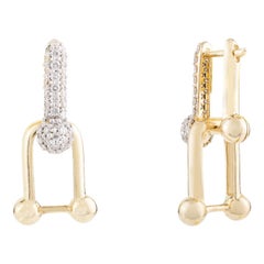 Pendientes modernos de oro amarillo macizo de 14 quilates con diamantes pavé y eslabón en U para ella