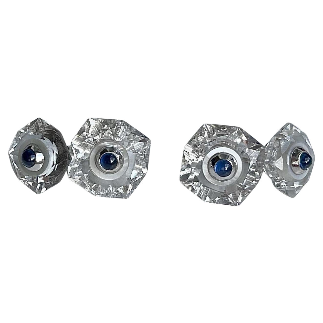 18 Karat White Gold Rock Crystal Mother of Pearl Blue Sapphires Cufflinks